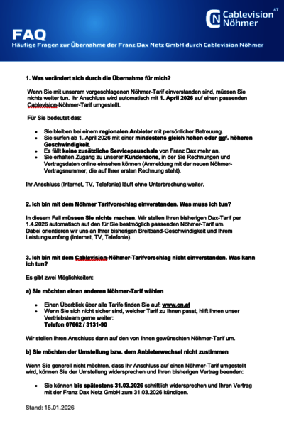 FAQ - Häufige Fragen zur Umstellung Dax Netz zu Cablevision Nöhmer